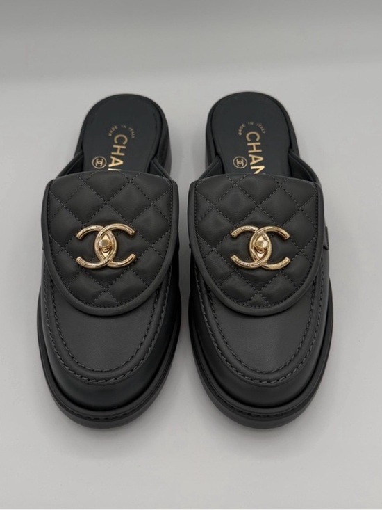 CHANEL Shoes - CHANEL Quilted Lambskin CC Loafer Mules Dark Gray Gold Hardware - size 36